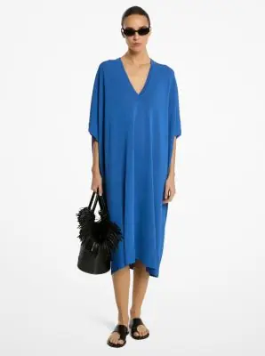 Michael Kors Collection Stretch Viscose V-Neck Caftan in Blue | Thumbnail 2