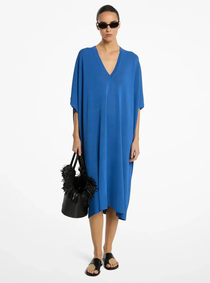 Michael Kors Collection Stretch Viscose V-Neck Caftan in Blue | Thumbnail 4