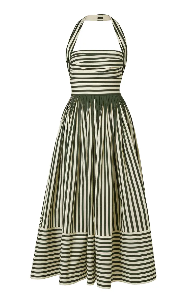 Carolina Herrera Ruched Striped Cotton-Blend Halter Midi Dress
