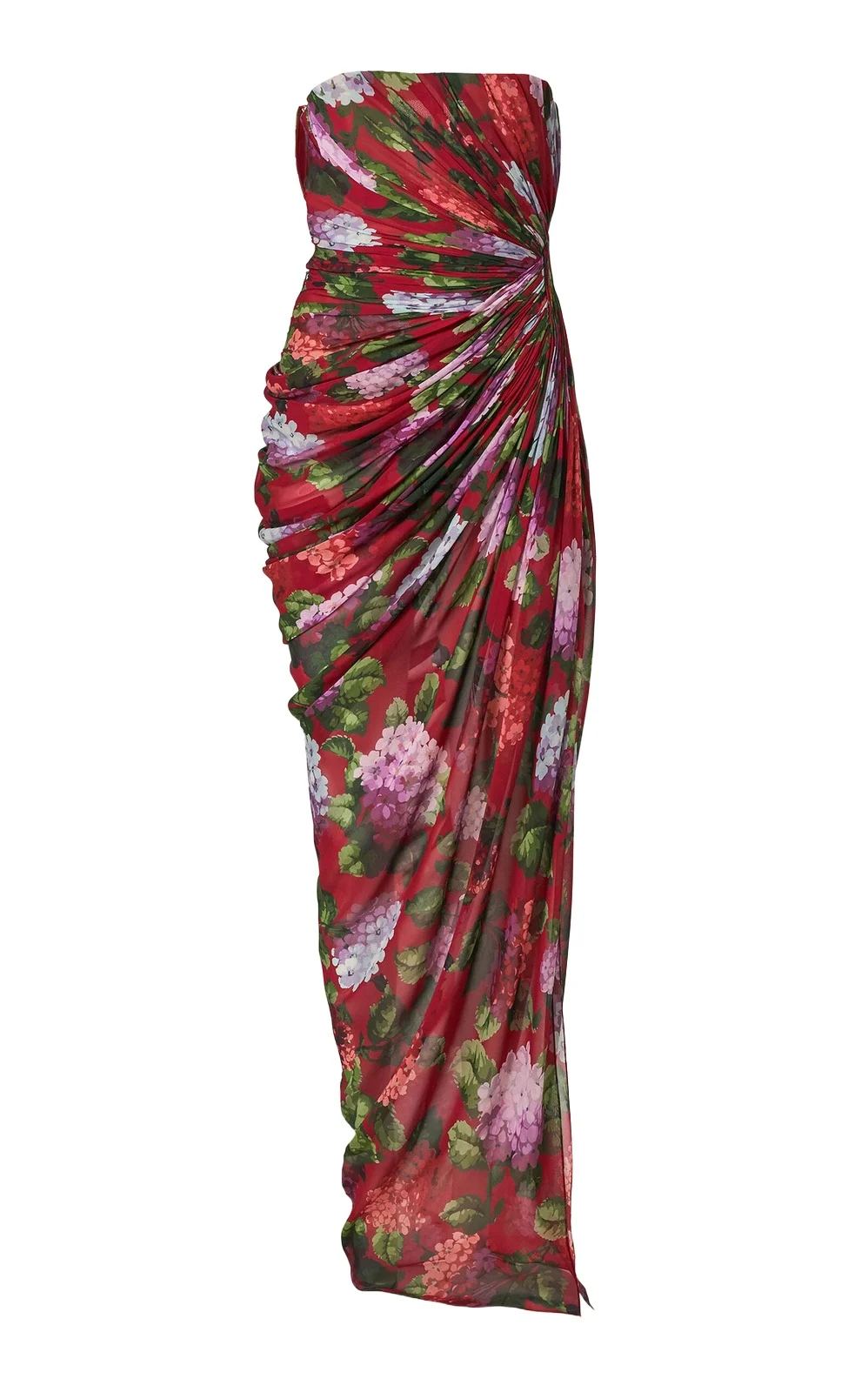Draped Hydrangea-Printed Chiffon Gown