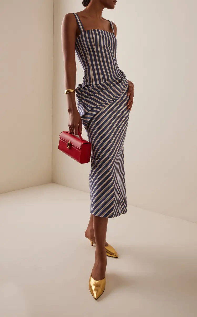 Carolina Herrera Draped Cotton Denim-Stripe Midi Dress | Thumbnail 2