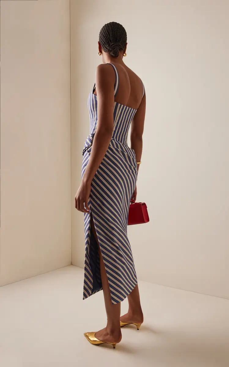 Carolina Herrera Draped Cotton Denim-Stripe Midi Dress | Thumbnail 4