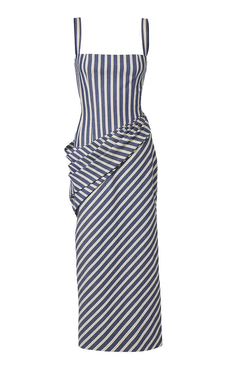 Carolina Herrera Draped Cotton Denim-Stripe Midi Dress | Thumbnail 6