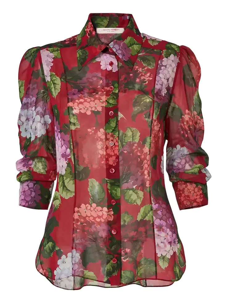 Collared Hydrangea-Printed Chiffon Top