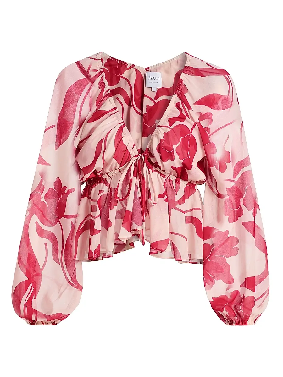 Misa Los Angeles Women's Susan Floral Chiffon V-Neck Top - Cherry Flora | Image 1 Misa Los Angeles Women's Susan Floral Chiffon V-Neck Top - Cherry Flora | Image 1