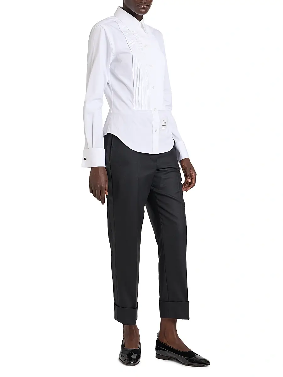 Thom Browne Women's Poplin Cotton Pleated Bib Shirt - White | Thumbnail 2