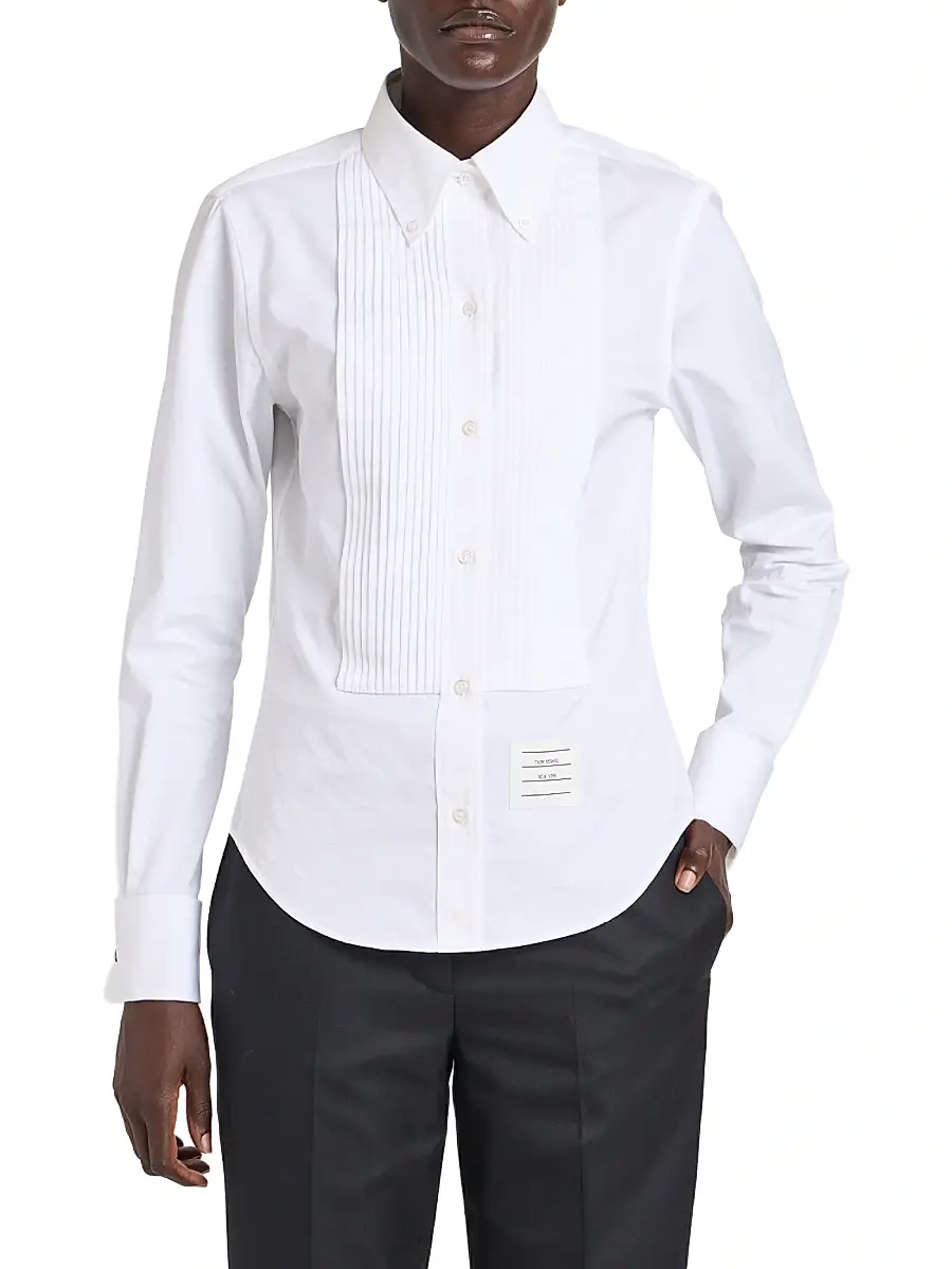 Thom Browne Women's Poplin Cotton Pleated Bib Shirt - White | Thumbnail 3