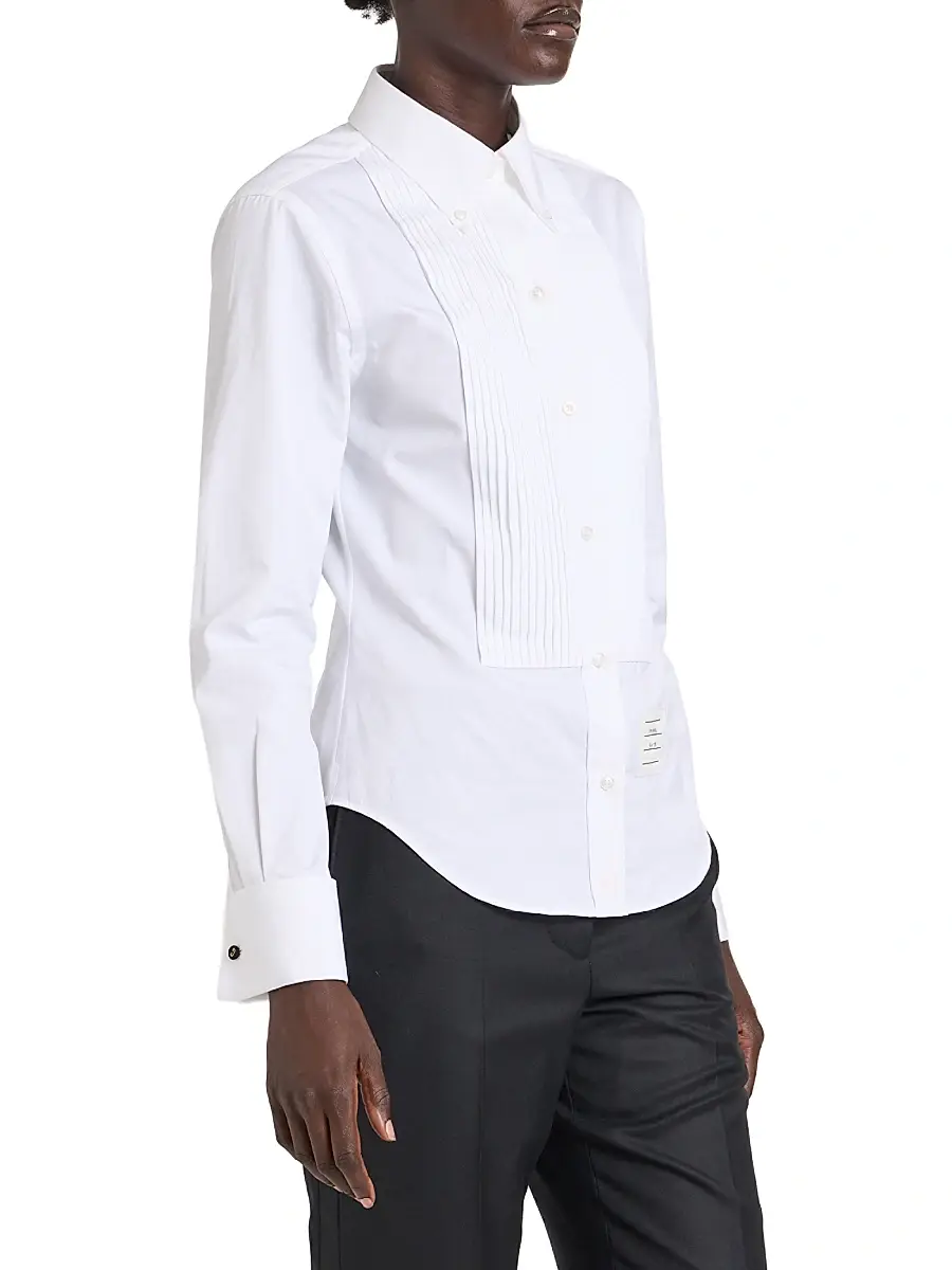 Thom Browne Women's Poplin Cotton Pleated Bib Shirt - White | Thumbnail 4