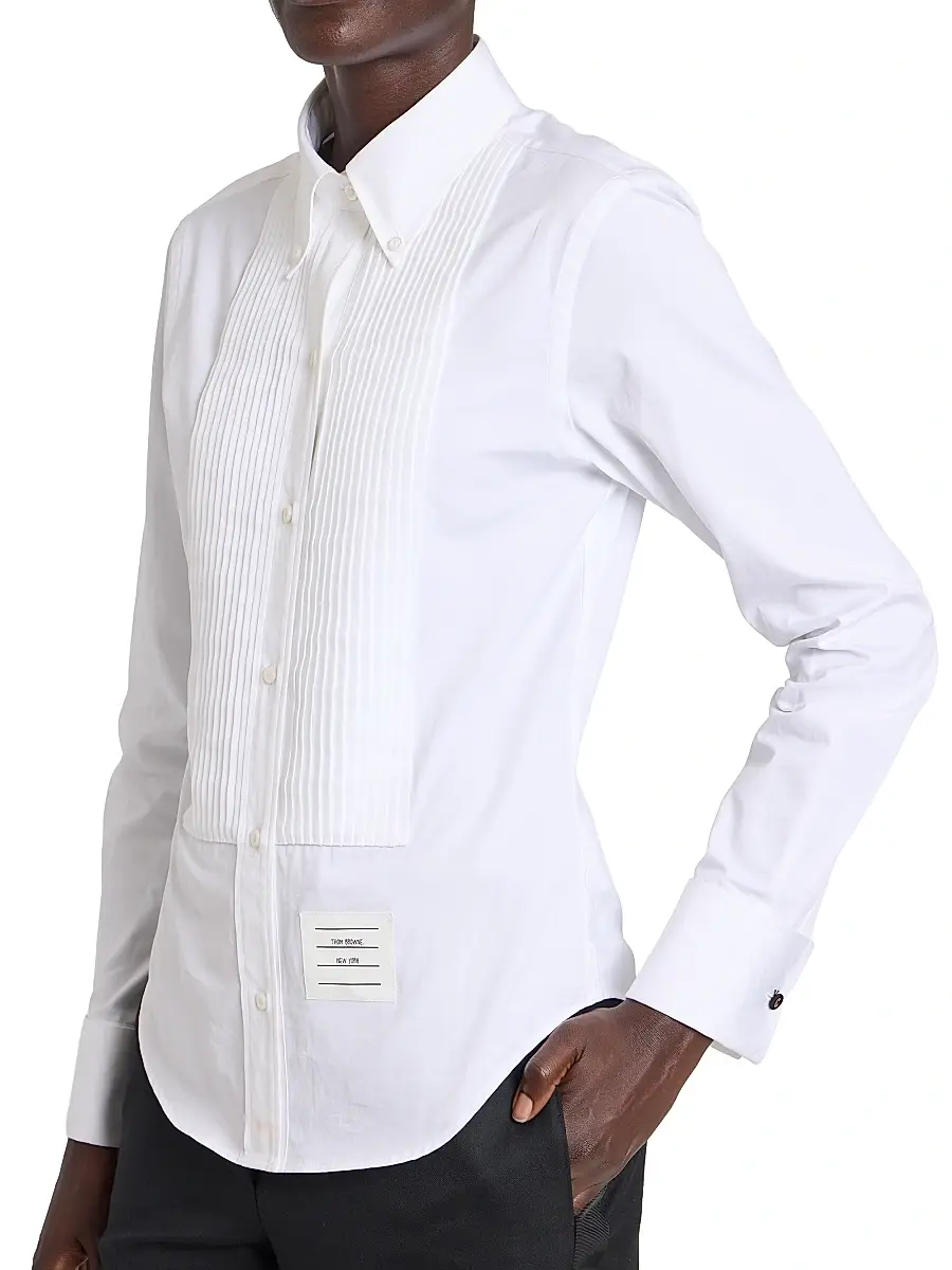 Thom Browne Women's Poplin Cotton Pleated Bib Shirt - White | Thumbnail 6