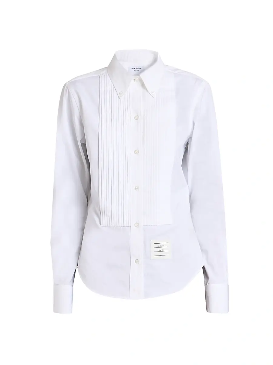 Thom Browne Women's Poplin Cotton Pleated Bib Shirt - White | Image 1 Thom Browne Women's Poplin Cotton Pleated Bib Shirt - White | Image 1