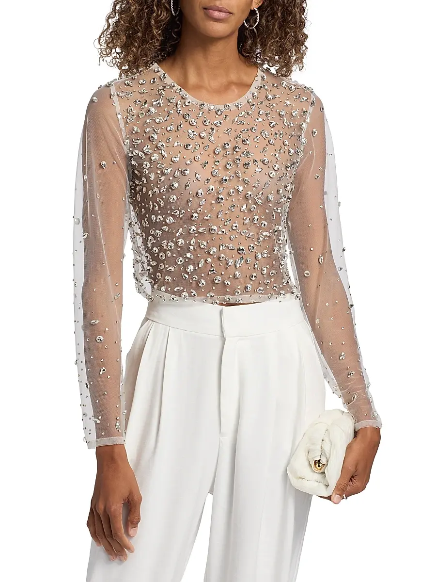 Mariandree Gaitan Women's Camille Crystal-Embellished Sheer Crop Top | Thumbnail 3 Mariandree Gaitan Women's Camille Crystal-Embellished Sheer Crop Top | Thumbnail 3