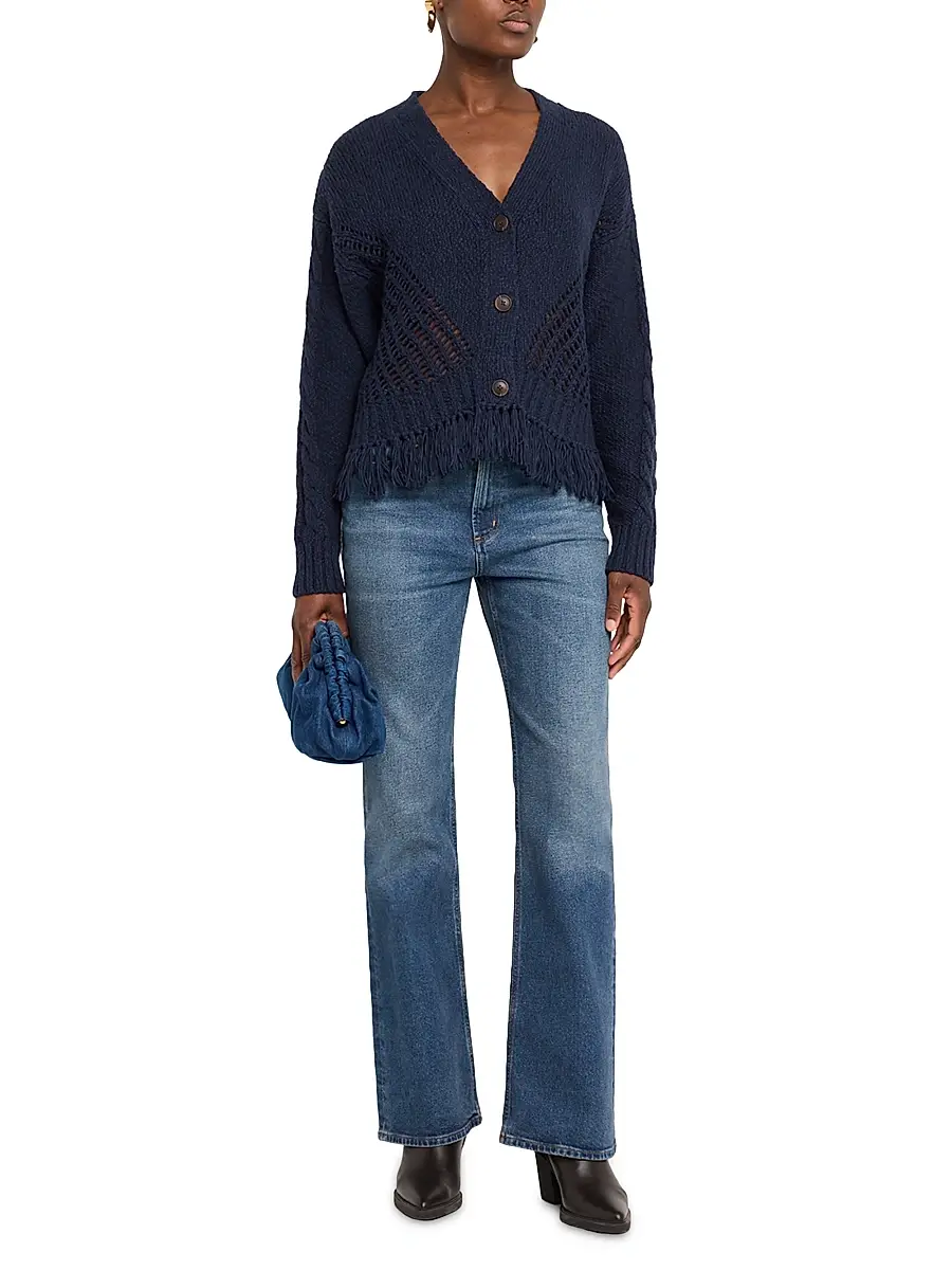 Autumn Cashmere Women's Cotton Fringed V-Neck Cardigan - Navy | Thumbnail 2 Autumn Cashmere Women's Cotton Fringed V-Neck Cardigan - Navy | Thumbnail 2