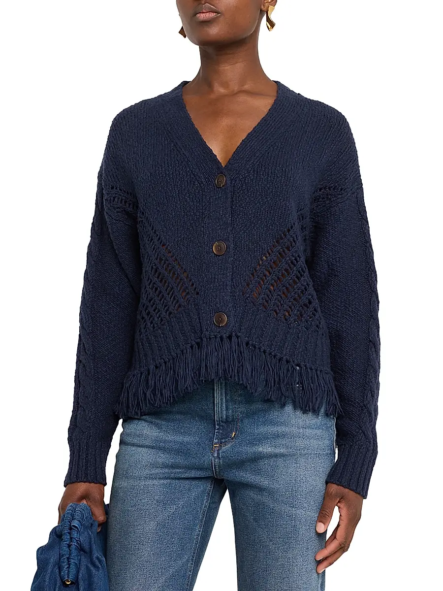 Autumn Cashmere Women's Cotton Fringed V-Neck Cardigan - Navy | Thumbnail 3 Autumn Cashmere Women's Cotton Fringed V-Neck Cardigan - Navy | Thumbnail 3