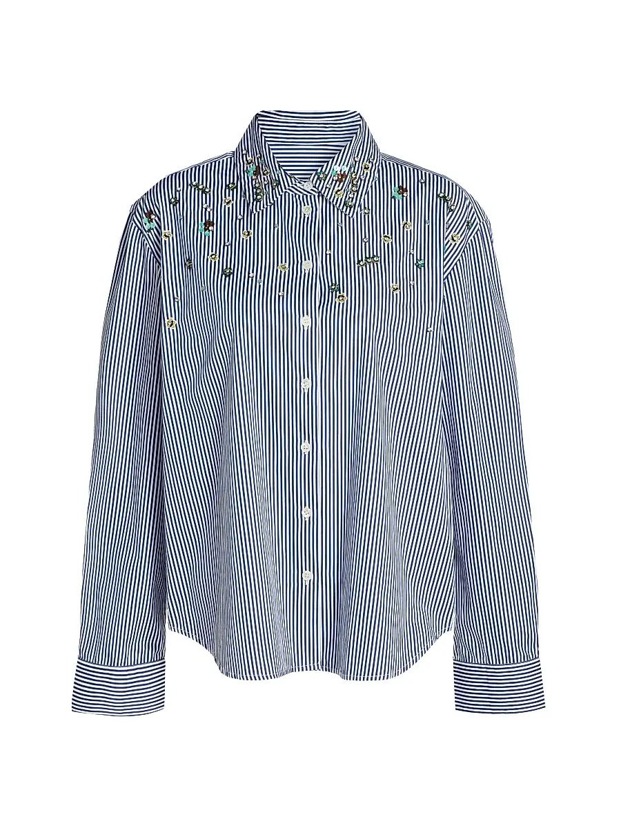 Tanya Taylor Women's Margaux Embellished Striped Cotton Top - Blue Optic White | Image 1 Tanya Taylor Women's Margaux Embellished Striped Cotton Top - Blue Optic White | Image 1