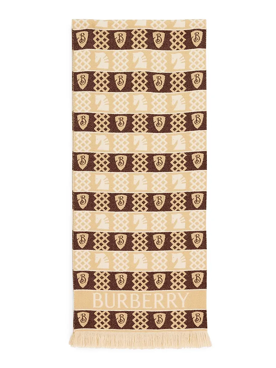 Burberry Men's Wool Woven Icons Fringed Scarf - Sand | Image 1 Burberry Men's Wool Woven Icons Fringed Scarf - Sand | Image 1