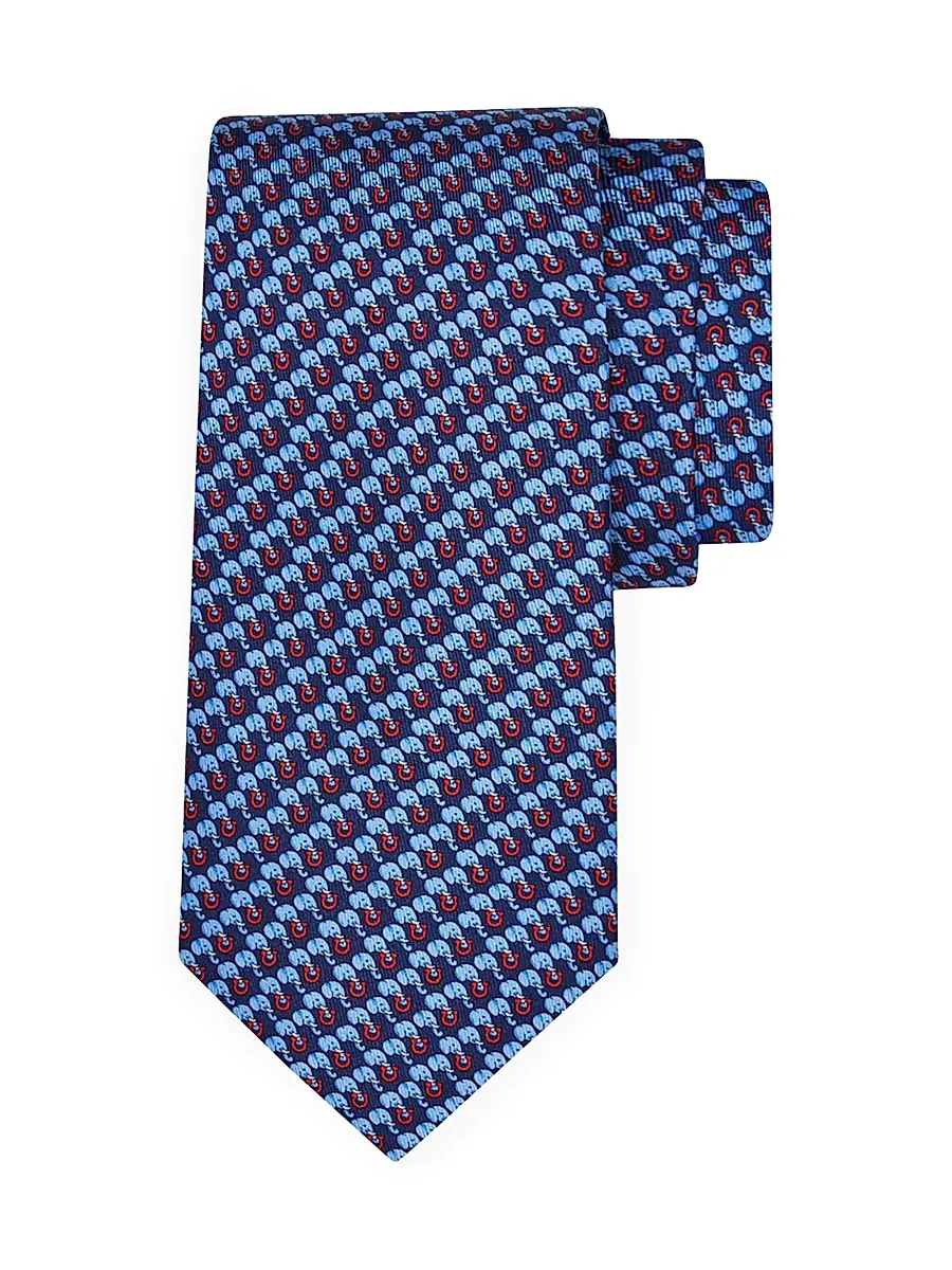 FERRAGAMO Men's Silk Gancini & Elephant Tie - Blue | Image 1 FERRAGAMO Men's Silk Gancini & Elephant Tie - Blue | Image 1