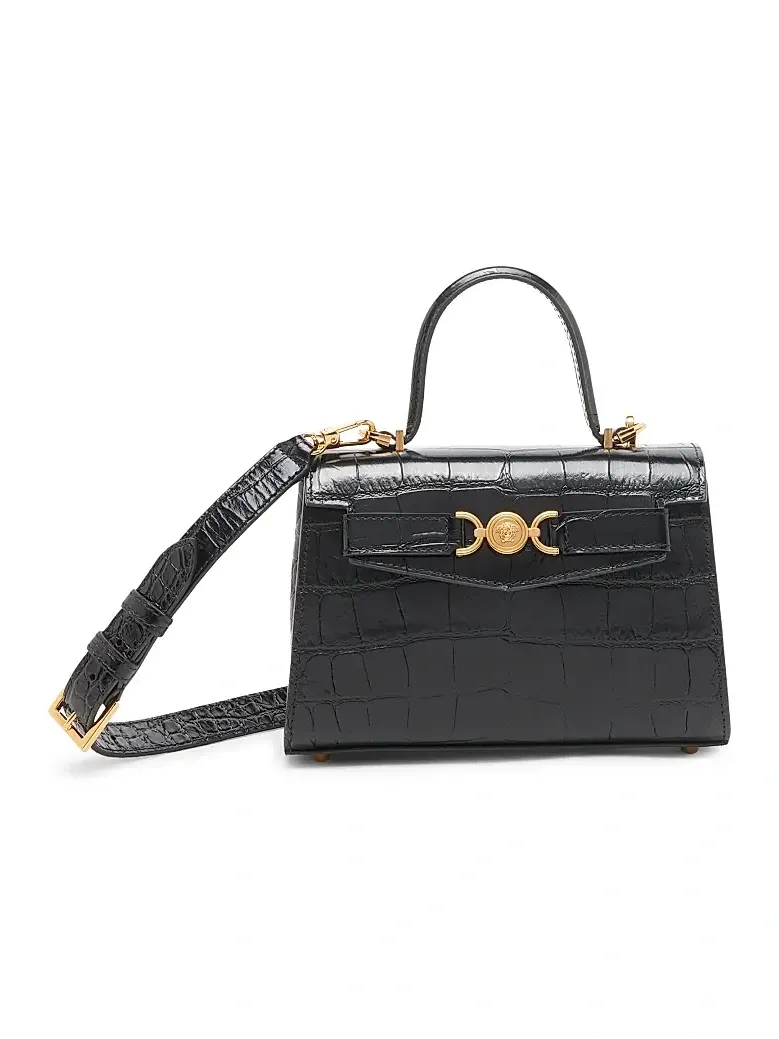 Women's Small Croc-Embossed Leather Top Handle Bag - Black Gold