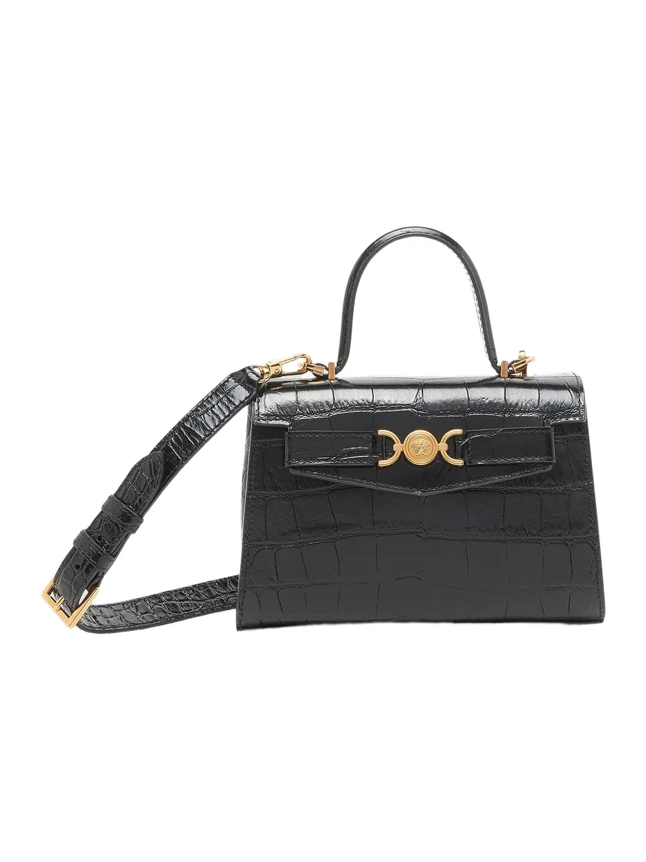 Versace Women's Small Croc-Embossed Leather Top Handle Bag - Black Gold