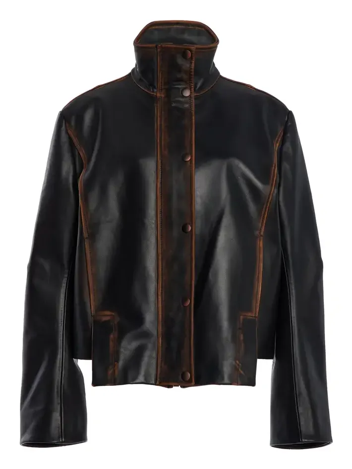 Brandon Maxwell The Mason High-Neck Hand Distressed Leather Jacket