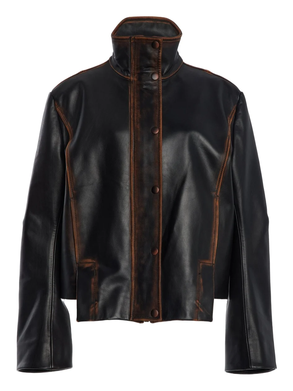 The Mason High-Neck Hand Distressed Leather Jacket The Mason High-Neck Hand Distressed Leather Jacket