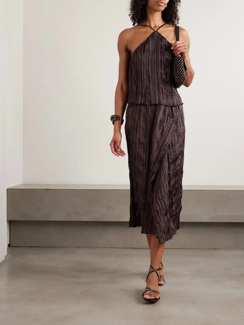 Staud Mai Draped Plissé-satin Midi Skirt | Thumbnail 2 Staud Mai Draped Plissé-satin Midi Skirt | Thumbnail 2