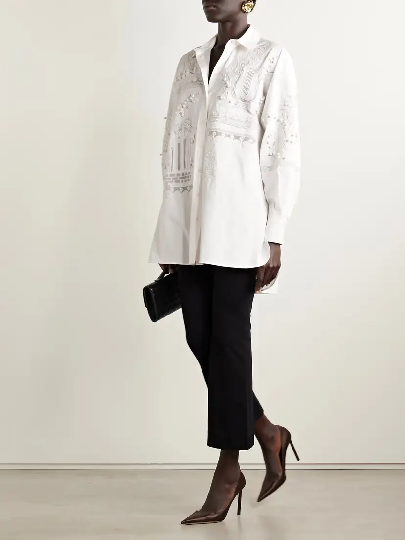 Carolina Herrera Oversized Embroidered Brushed Cotton-blend Poplin Shirt | Thumbnail 2