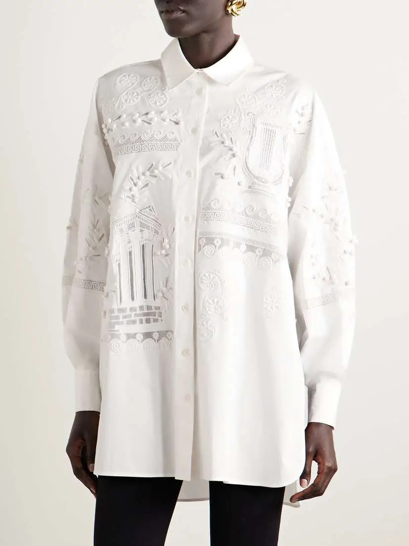 Carolina Herrera Oversized Embroidered Brushed Cotton-blend Poplin Shirt | Thumbnail 3
