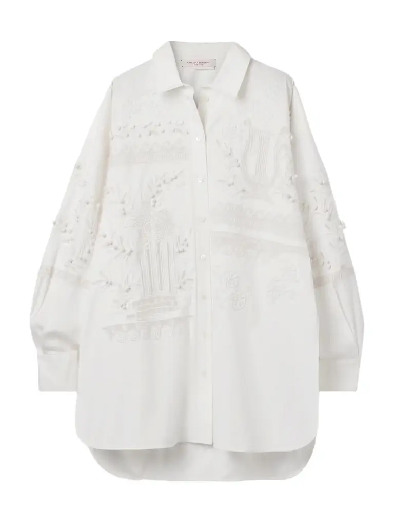 Carolina Herrera Oversized Embroidered Brushed Cotton-blend Poplin Shirt | Image 1 Carolina Herrera Oversized Embroidered Brushed Cotton-blend Poplin Shirt | Image 1