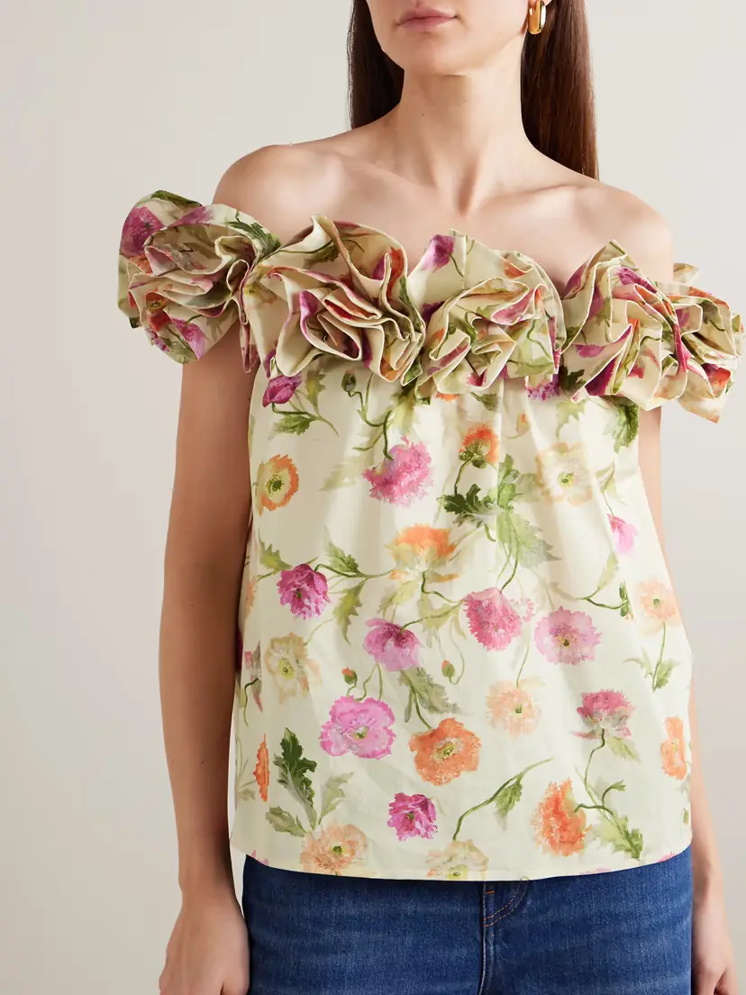 Carolina Herrera Off-the-shoulder Ruffled Floral-print Cotton-blend Top | Thumbnail 3