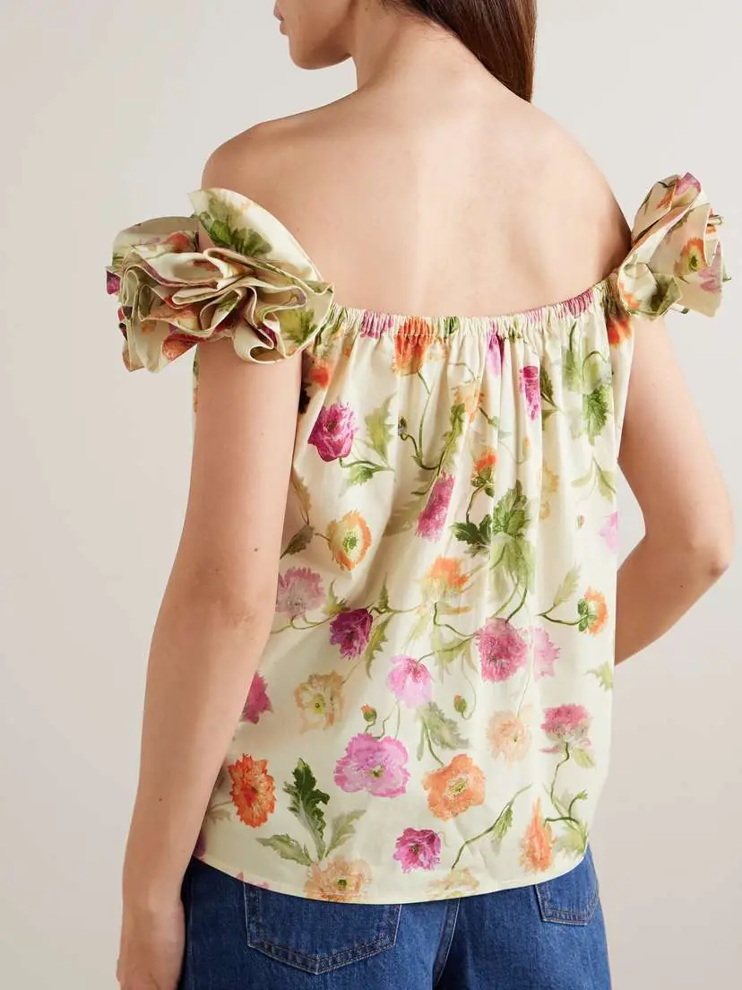 Carolina Herrera Off-the-shoulder Ruffled Floral-print Cotton-blend Top | Thumbnail 4