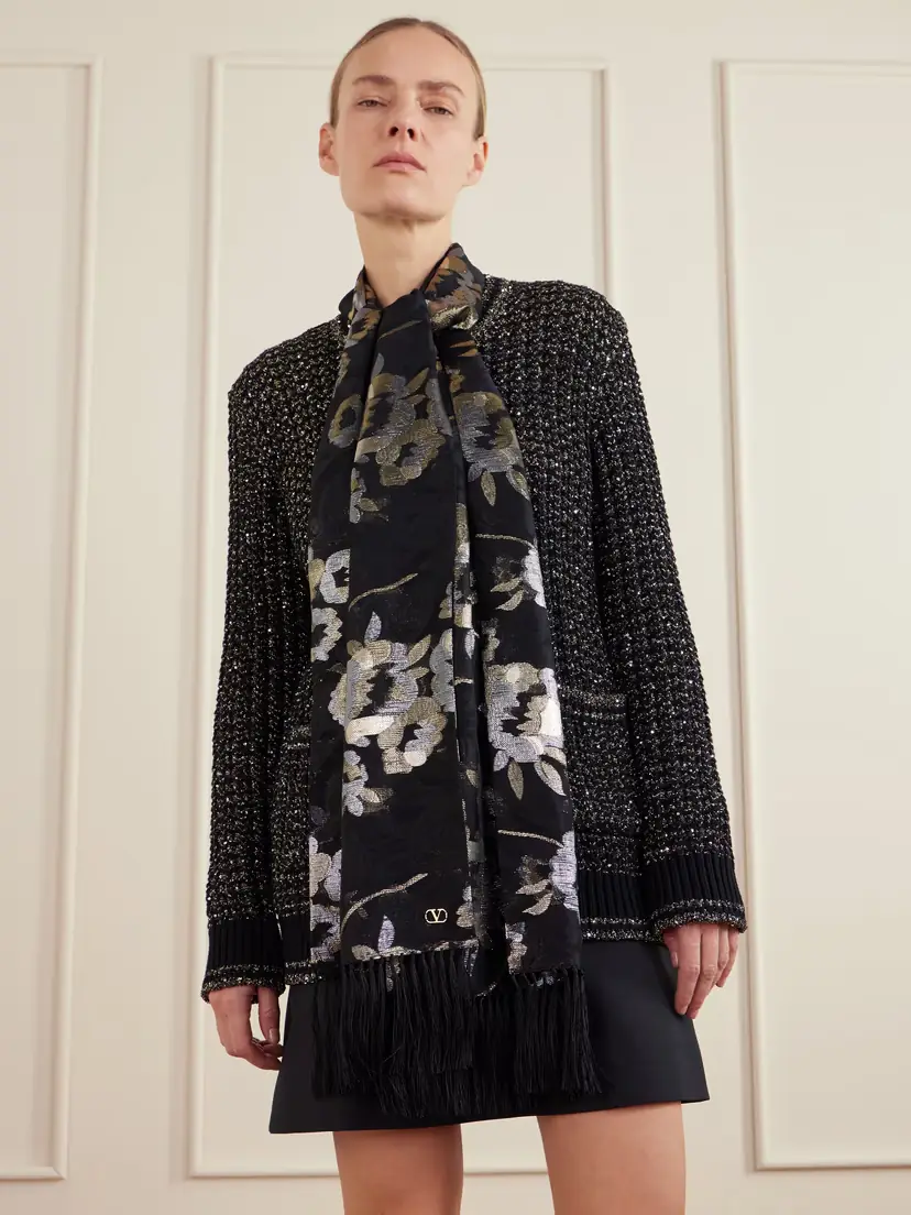 Valentino Garavani Fringed Floral-jacquard Silk-blend Scarf | Thumbnail 2 Valentino Garavani Fringed Floral-jacquard Silk-blend Scarf | Thumbnail 2