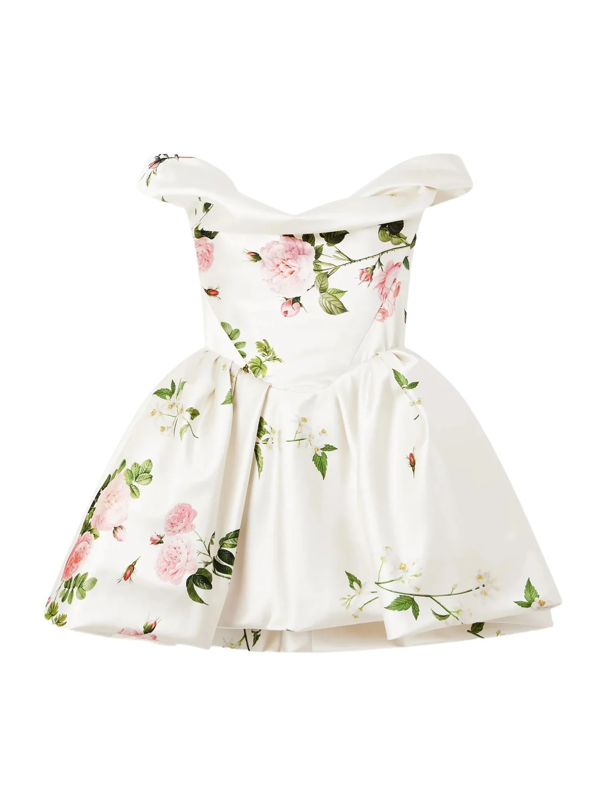 Bagatelle Off-the-shoulder Gathered Floral-print Duchess Silk-satin Mini Dress