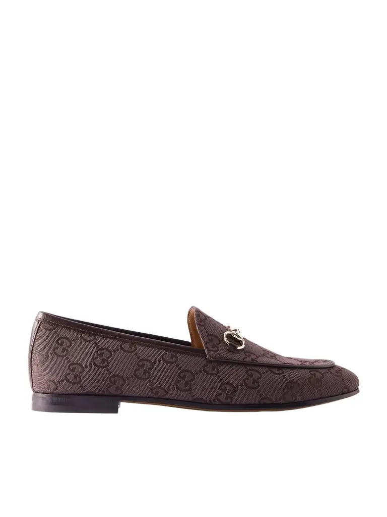 Gucci Jordaan Horsebit-detailed Leather-trimmed Canvas-jacquard Loafers | Image 1 Gucci Jordaan Horsebit-detailed Leather-trimmed Canvas-jacquard Loafers | Image 1