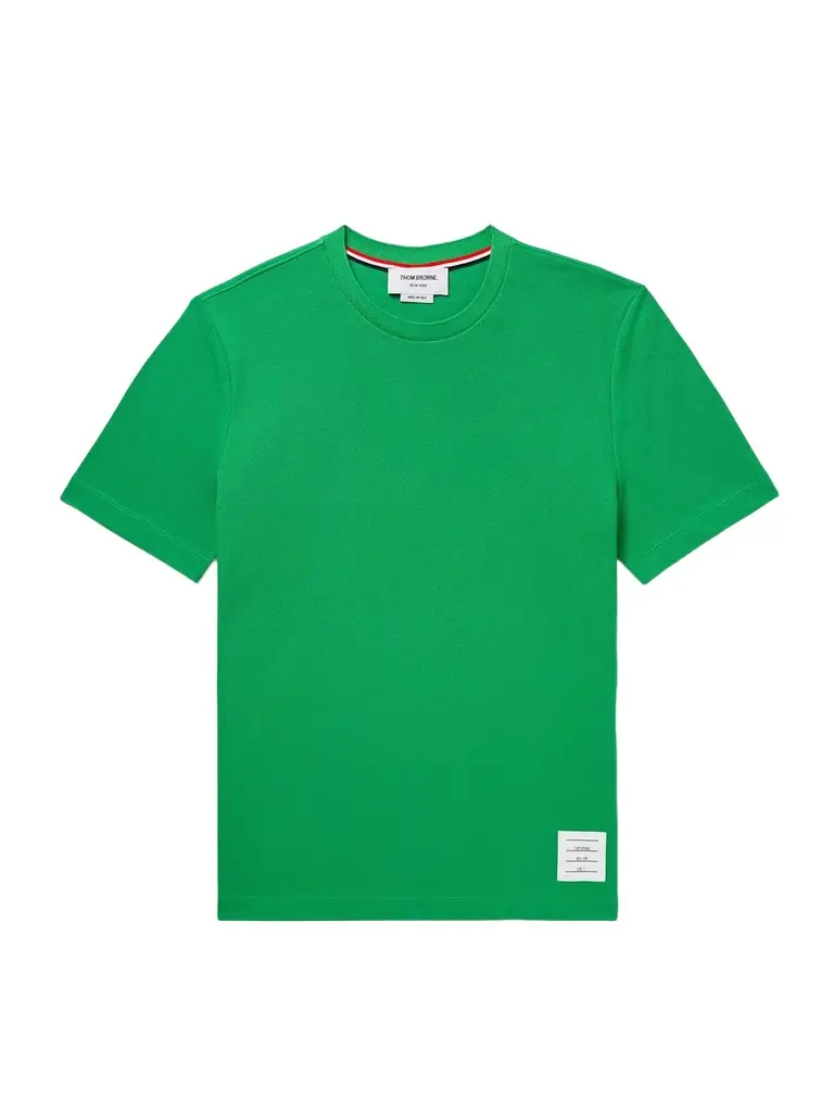 Thom Browne Logo-Appliquéd Striped Cotton-Piqué T-Shirt - Men | Image 1 Thom Browne Logo-Appliquéd Striped Cotton-Piqué T-Shirt - Men | Image 1