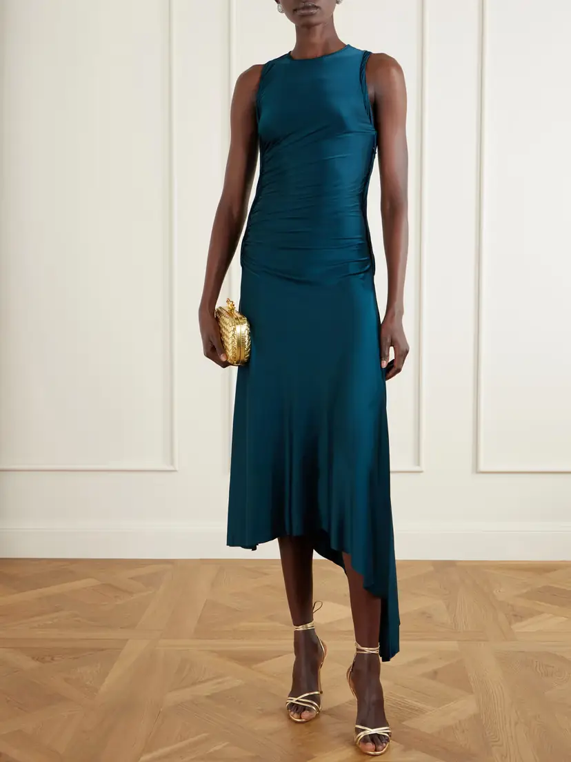 Victoria Beckham Asymmetric Gathered Satin-jersey Midi Dress | Thumbnail 2 Victoria Beckham Asymmetric Gathered Satin-jersey Midi Dress | Thumbnail 2