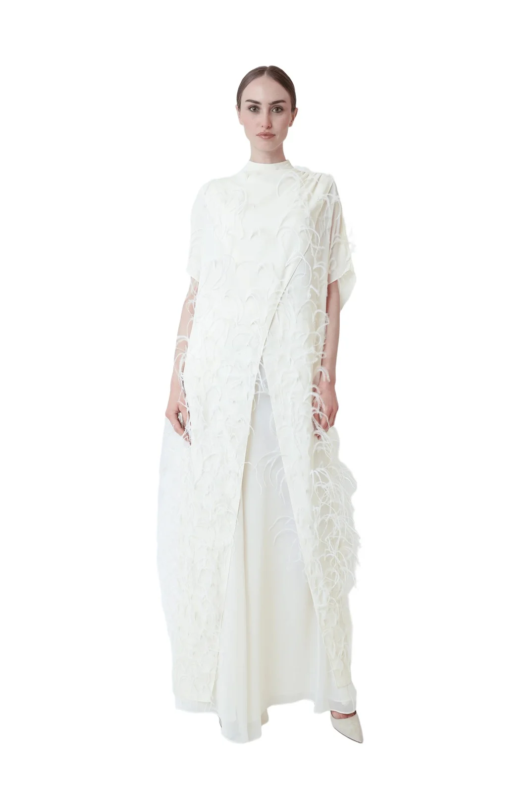 Georgette Mock Neck Maxi Top With Feathers