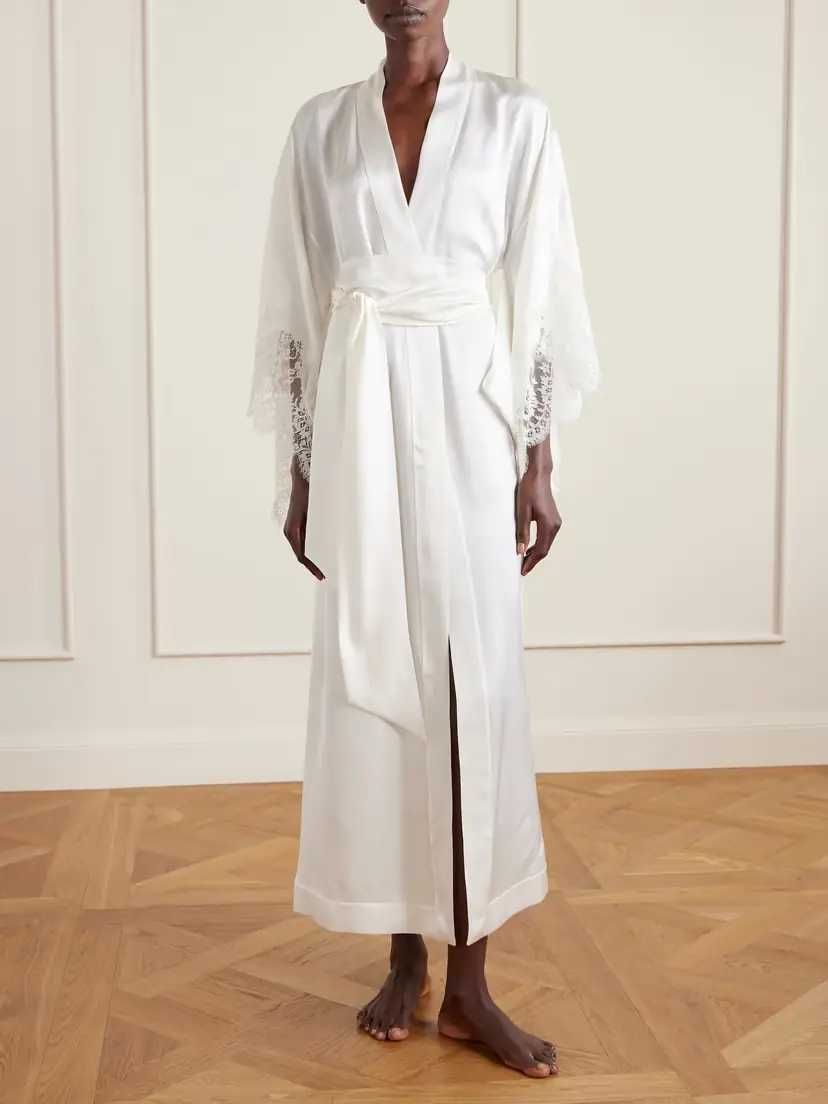 Carine Gilson Belted Lace-trimmed Silk-satin Kimono | Thumbnail 2 Carine Gilson Belted Lace-trimmed Silk-satin Kimono | Thumbnail 2