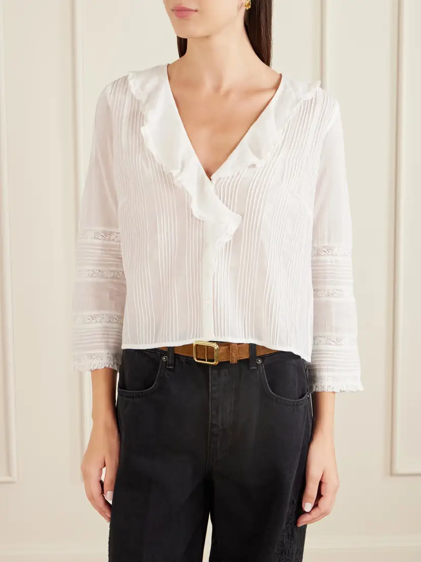 DÔEN Huguette Ruffled Pleated Lace-trimmed Organic Cotton Blouse | Thumbnail 3 DÔEN Huguette Ruffled Pleated Lace-trimmed Organic Cotton Blouse | Thumbnail 3