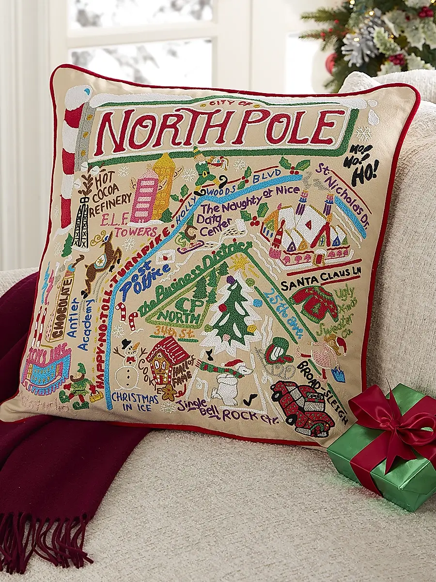 Cat Studio North Pole City Embroidered Pillow | Image 1 Cat Studio North Pole City Embroidered Pillow | Image 1