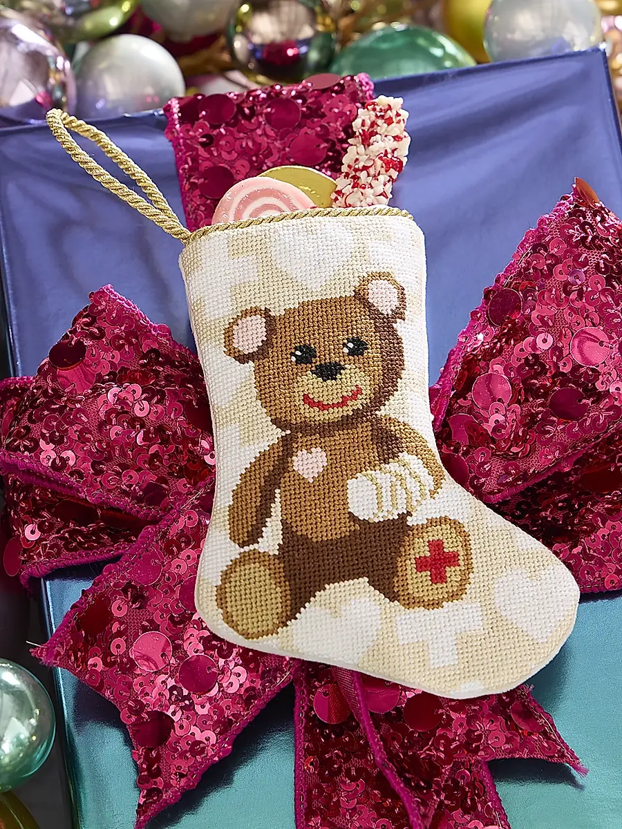 Bauble Stockings Bear-y Better Needlepoint Mini Stocking Ornament | Image 1 Bauble Stockings Bear-y Better Needlepoint Mini Stocking Ornament | Image 1