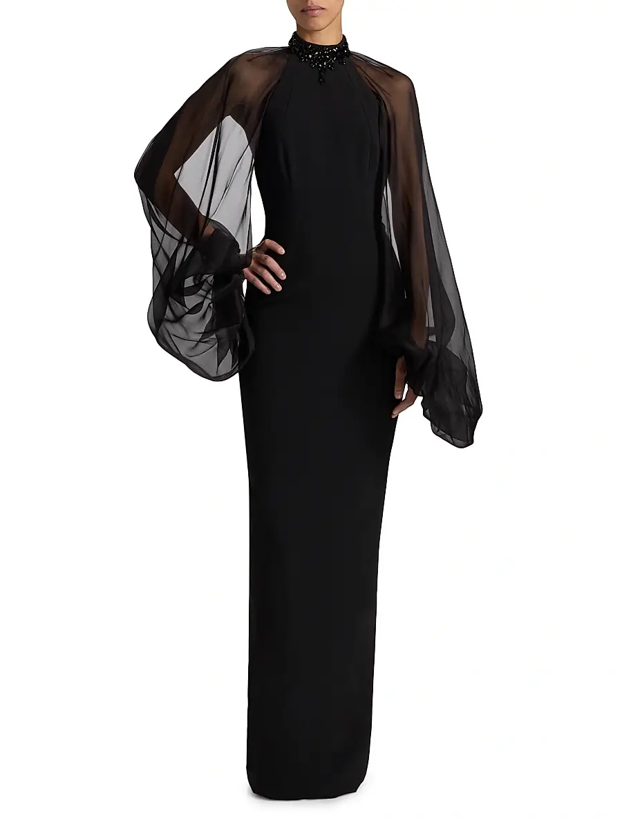 PAMELLA ROLAND Women's Beaded Organza-Sleeve Column Gown | Thumbnail 2 PAMELLA ROLAND Women's Beaded Organza-Sleeve Column Gown | Thumbnail 2