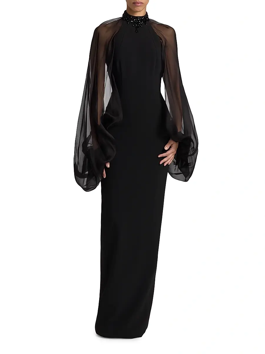PAMELLA ROLAND Women's Beaded Organza-Sleeve Column Gown | Thumbnail 3 PAMELLA ROLAND Women's Beaded Organza-Sleeve Column Gown | Thumbnail 3
