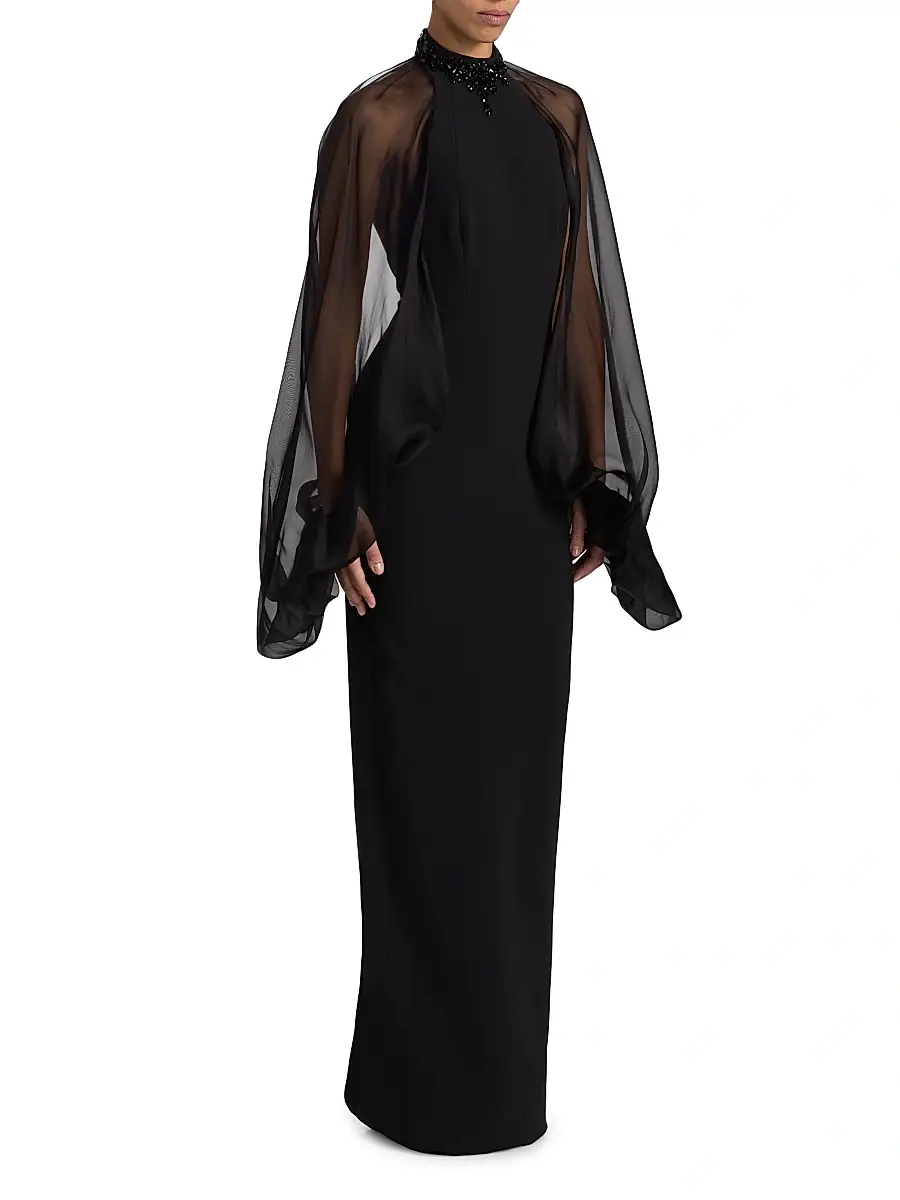 PAMELLA ROLAND Women's Beaded Organza-Sleeve Column Gown | Thumbnail 4 PAMELLA ROLAND Women's Beaded Organza-Sleeve Column Gown | Thumbnail 4
