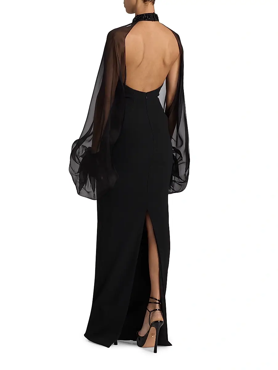 PAMELLA ROLAND Women's Beaded Organza-Sleeve Column Gown | Thumbnail 5 PAMELLA ROLAND Women's Beaded Organza-Sleeve Column Gown | Thumbnail 5