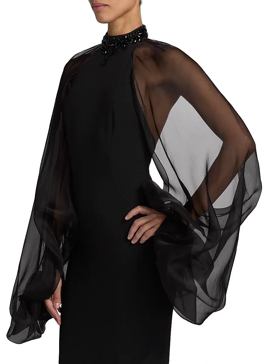 PAMELLA ROLAND Women's Beaded Organza-Sleeve Column Gown | Thumbnail 6 PAMELLA ROLAND Women's Beaded Organza-Sleeve Column Gown | Thumbnail 6
