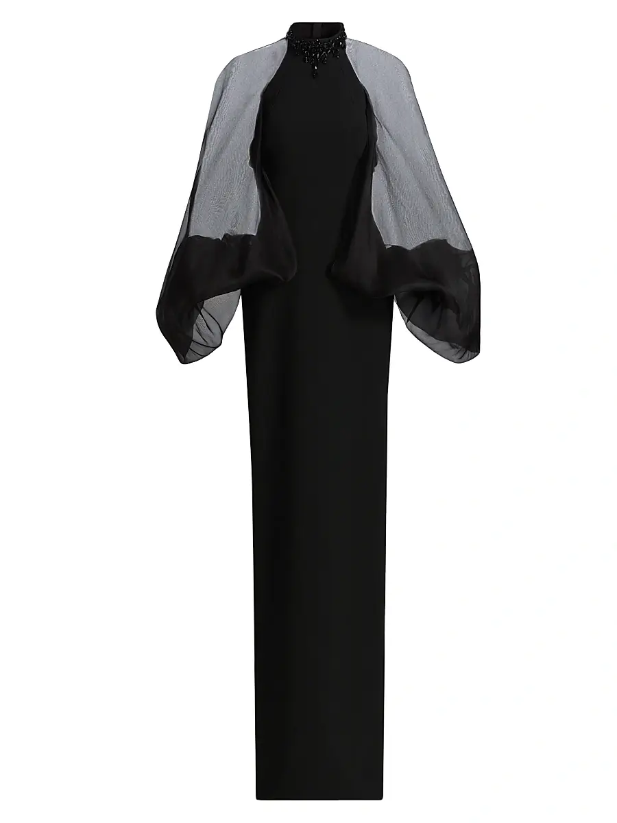 Women's Beaded Organza-Sleeve Column Gown