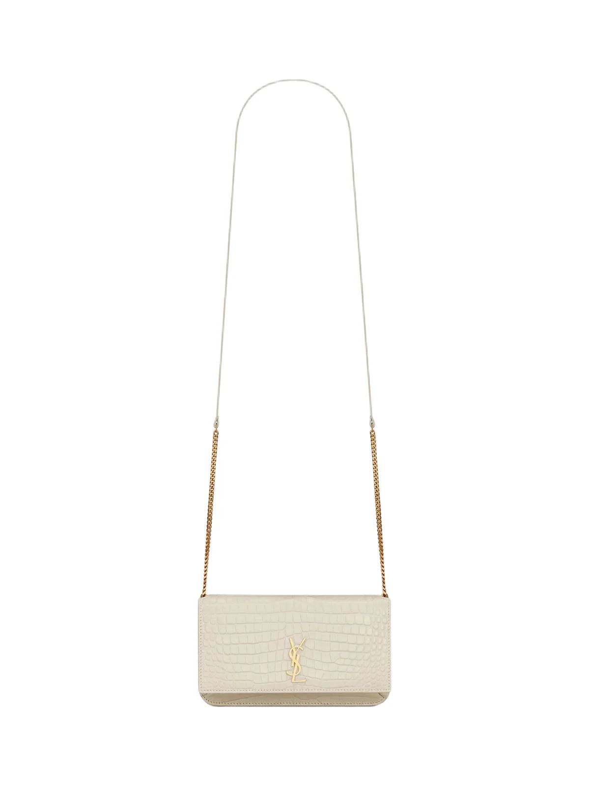 Saint Laurent Women's Cassandre Phone Holder in Shiny Crocodile-Embossed Leather