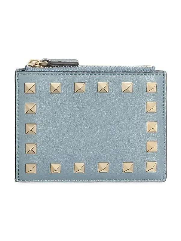Women's Rockstud Grainy Calfskin Cardholder with Zipper - Stone Women's Rockstud Grainy Calfskin Cardholder with Zipper - Stone