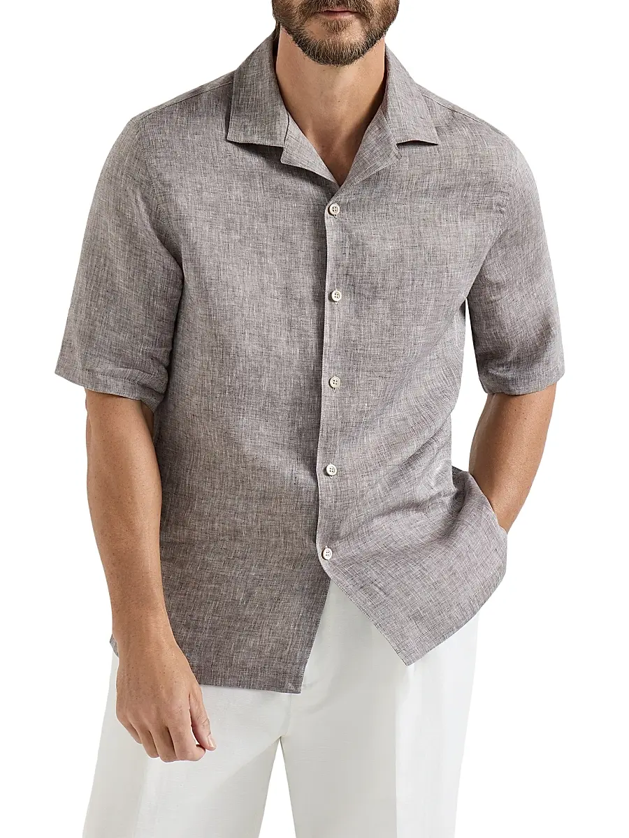 Brunello Cucinelli Men's Linen Easy Fit Short Sleeve Shirt with Camp Collar - Grey | Thumbnail 2 Brunello Cucinelli Men's Linen Easy Fit Short Sleeve Shirt with Camp Collar - Grey | Thumbnail 2