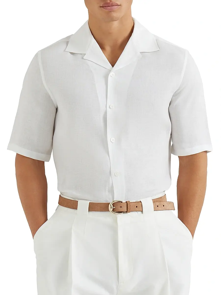 Brunello Cucinelli Men's Linen Easy Fit Short Sleeve Shirt with Camp Collar - Grey | Thumbnail 11 Brunello Cucinelli Men's Linen Easy Fit Short Sleeve Shirt with Camp Collar - Grey | Thumbnail 11